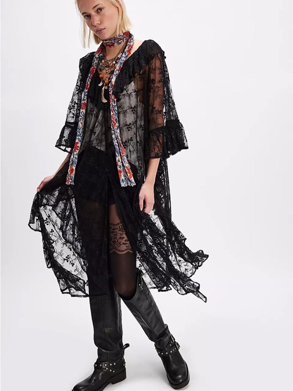 Free People Black Sheer Lace Midi caftan Dress Stevie nicks